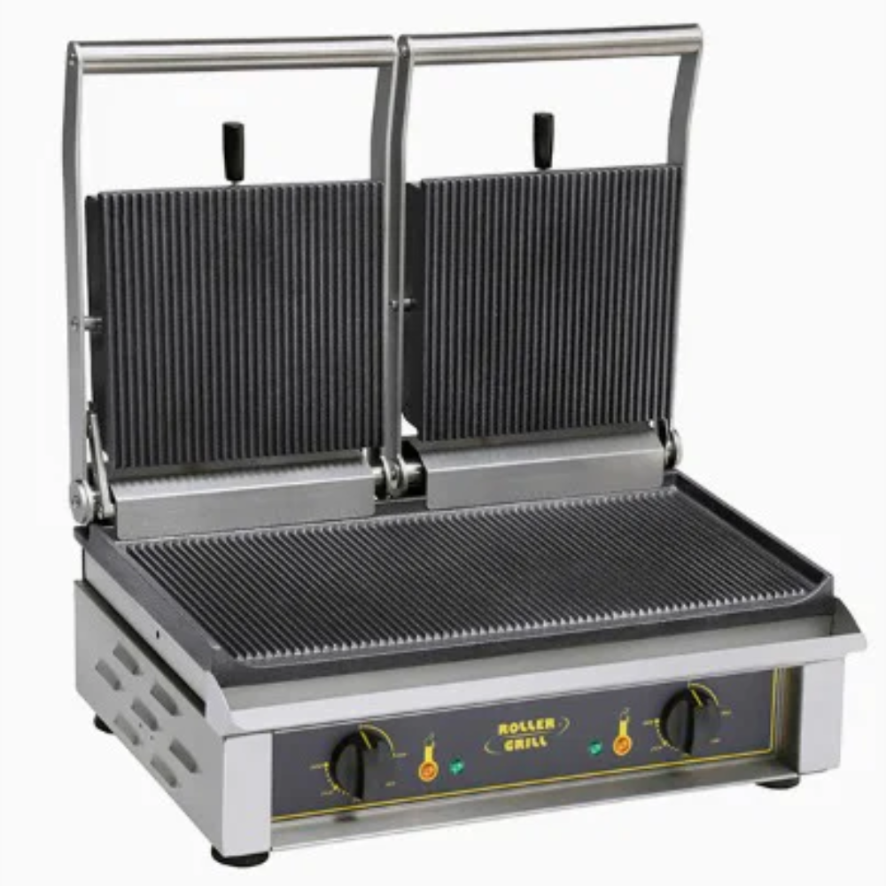 Commercial Double Cast Iron Panini Press (Ribbed) - Roller Grill Majestic R Commercial Double Cast Iron Panini Press (Ribbed) - Roller Grill Majestic R